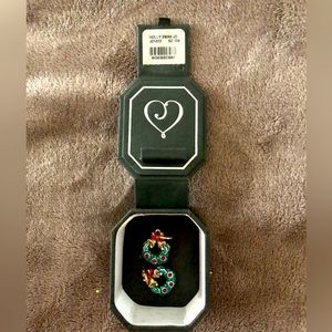 Brighton Holly Christmas Earrings- Wreath Holly Bells Bow Green Red Gold